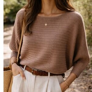 Club Monaco Granola Batwing Knit Brown Ribbed Dolman Sleeve Sweater Top Small